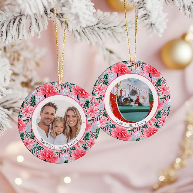 Adorno De Cerámica Tropical Pink Christmas Floral 2 Family Photos (Pink Tropical Floral Christmas two sided photo ornament)