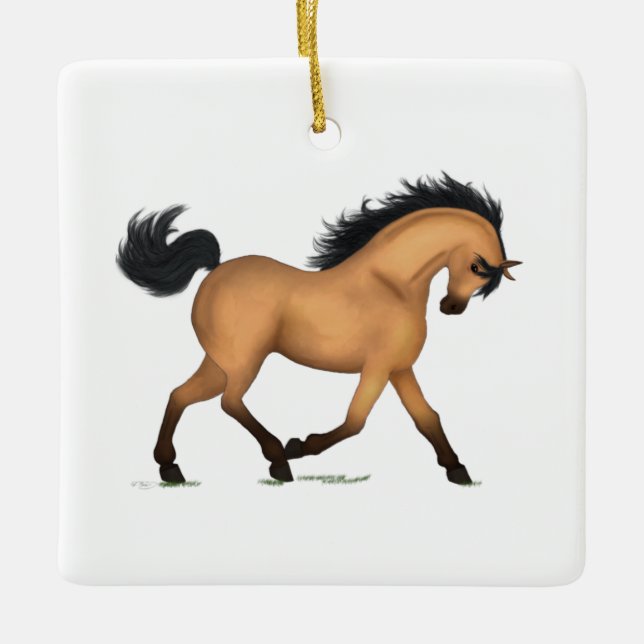 Adorno De Cerámica Trotting Buckskin Dun Horse Navidades personalizad (Anverso)