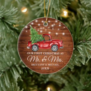 Adorno De Cerámica Truck Wood Lights First Christmas Mr. y Mrs.