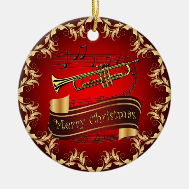 Adorno De Cerámica Trumpet ~ Musical Scroll ~ Feliz Navidad ~ * ~ ~ (Frente)