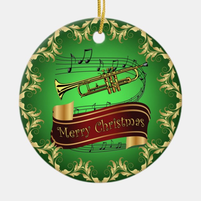 Adorno De Cerámica Trumpet ~ Musical Scroll ~ Feliz Navidad ~ * ~ ~ (Frente)
