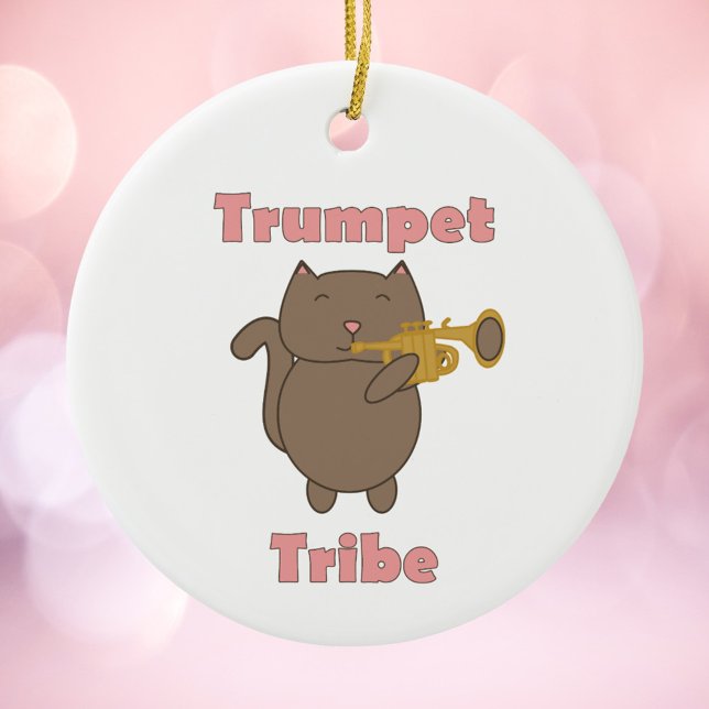 Adorno De Cerámica Trumpet Tribe Brown Cat Pink (An ornament featuring a brown cat playing the trumpet and the words trumpet tribe.)
