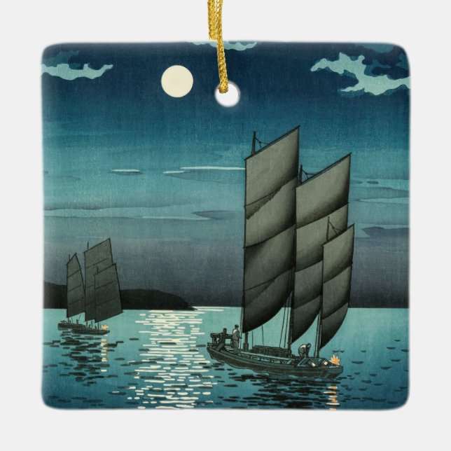 Adorno De Cerámica Tsuchiya Koitsu - Barcos en Shinagawa, noche (Anverso)