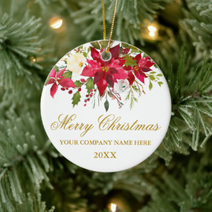 Adorno De Cerámica Tu empresa Watercolor Red Poinsettia Floral Gold