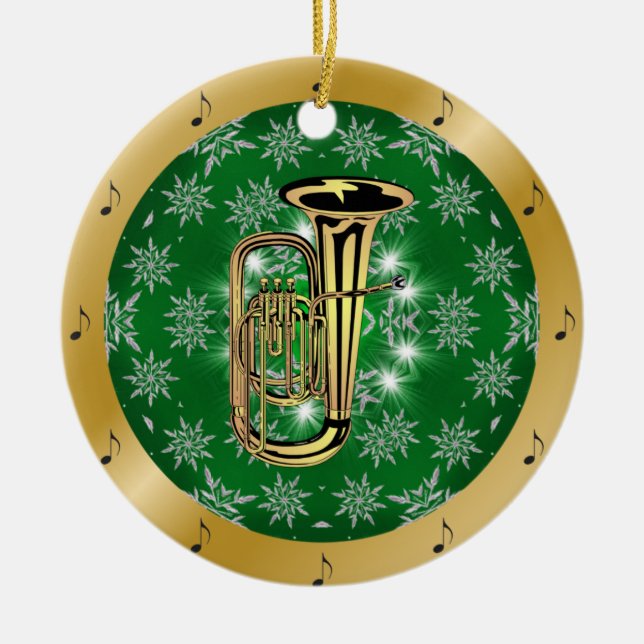 Adorno De Cerámica Tuba ~ Plata ~ Verde ~ Oro ~ Navidades ~ (Frente)