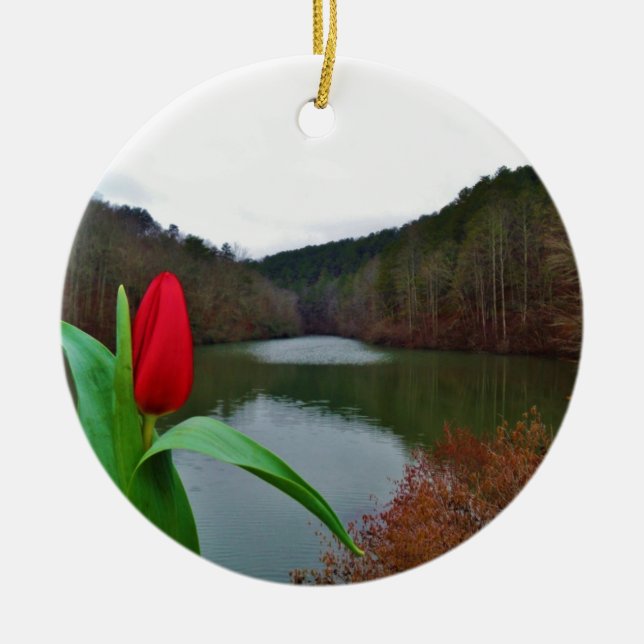 Adorno De Cerámica Tulipán rojo primaveral en el lago Arrowhead (Frente)