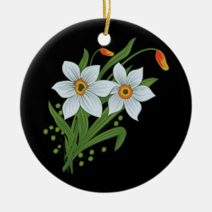 Adorno De Cerámica Tulipanes y Narcisos Flores Fondo Negro
