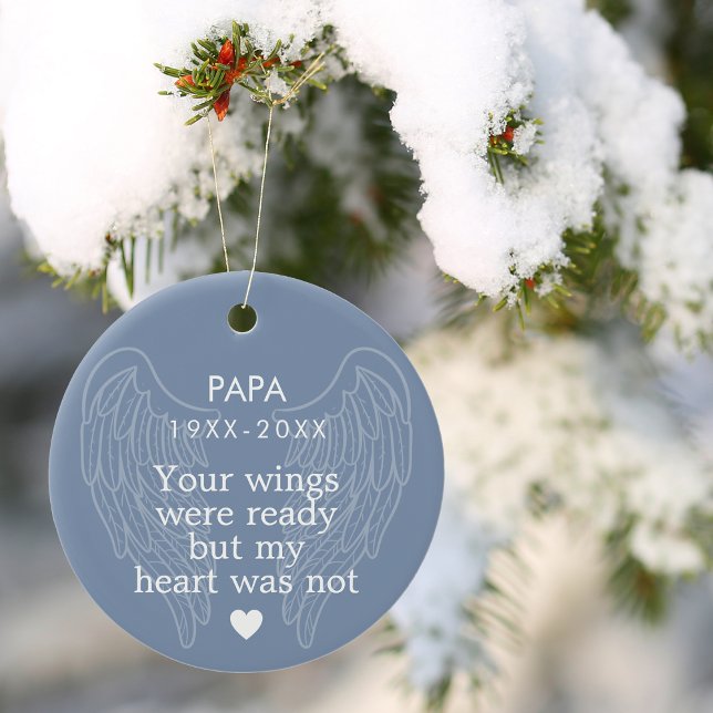 Adorno De Cerámica Tus Alas Personalizadas Memorial Heart Blue (Your Wings Personalized Memorial Heart Blue Ceramic Ornament)