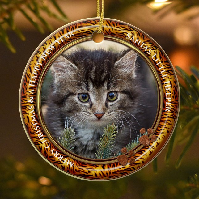 Adorno De Cerámica Tus Navidades de Photo Kitty Keepsake (Christmas ornament featuring a photo of your own kitty (optional) framed by a tiger fur print border)
