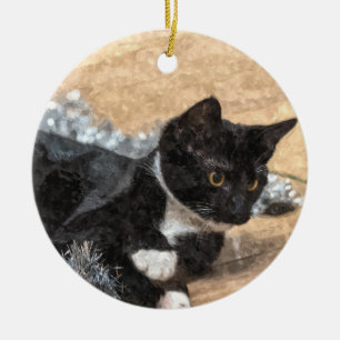 Adorno De Cerámica Tuxedo Kitten Tinsel y Luces Paintería