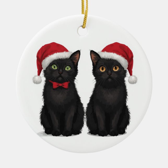 Adorno De Cerámica Two Black Kittens Santa Hat Christmas (Frente)