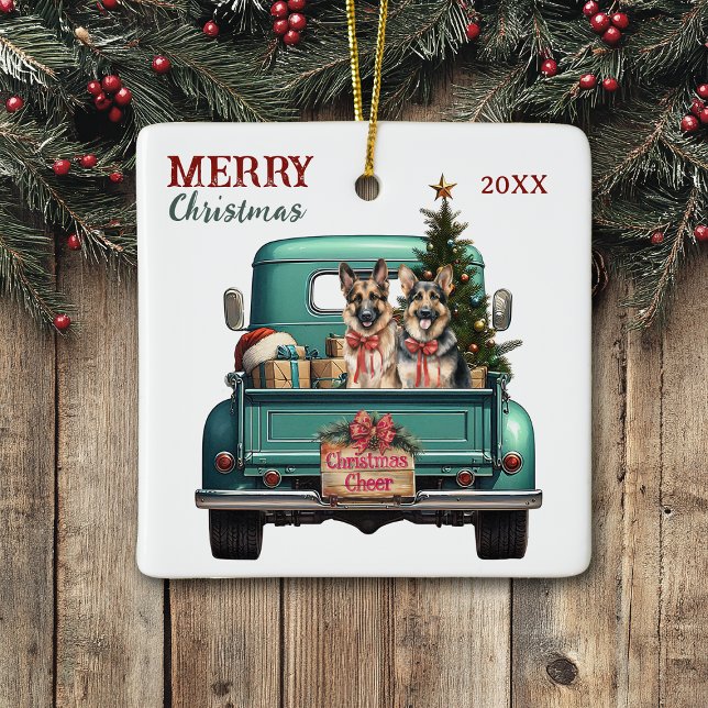 Adorno De Cerámica Two German Shepherd Dogs Retro Truck Christmas (Subido por el creador)