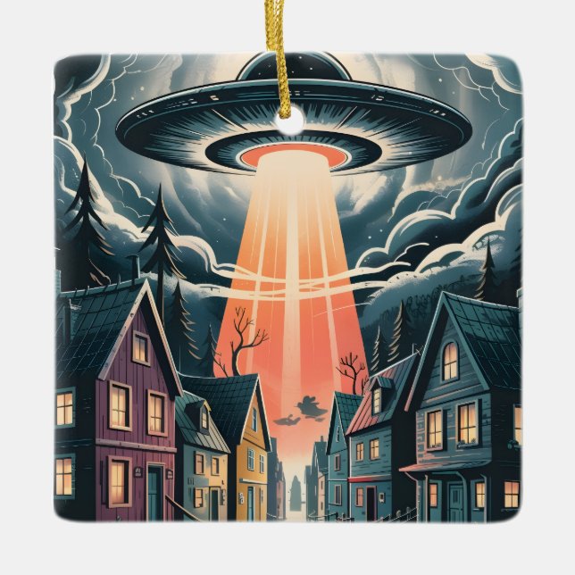 Adorno De Cerámica UFO Abduction Night Street Illustration (Anverso)