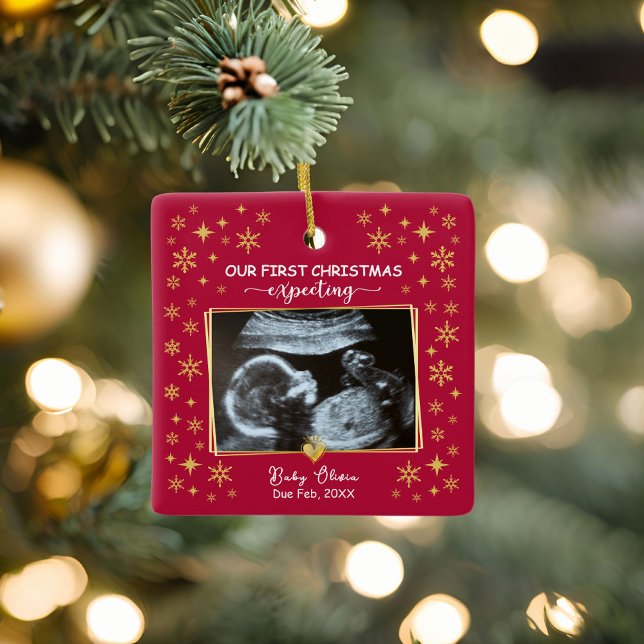 Adorno De Cerámica Ultrasonido de 2 fotos Primera Navidad Esperando K (2 photo ultrasound 1st christmas expecting keepsake ornament)