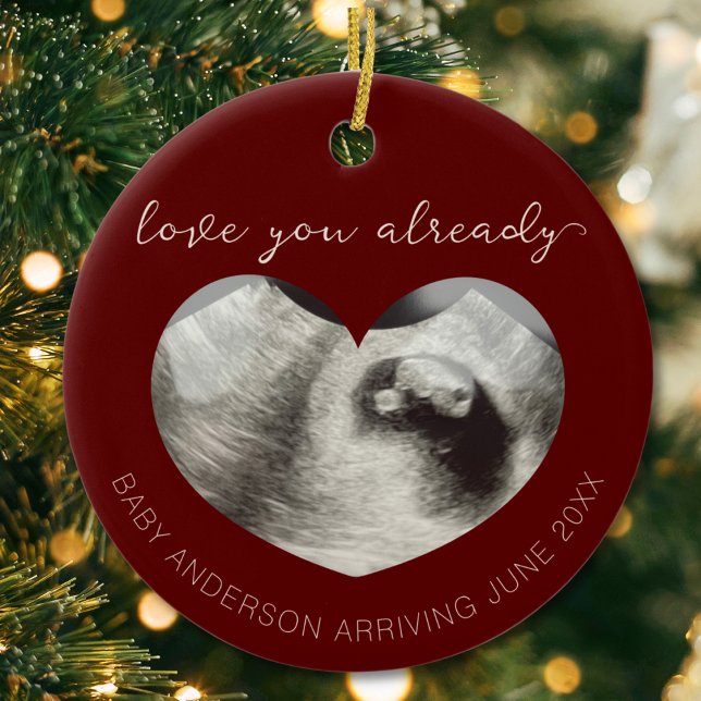 Adorno De Cerámica Ultrasonido Invitación de embarazo Keepsake Heart ("love you already" ultrasound sonogram heart shape pregnancy reveal announcement christmas ornament)