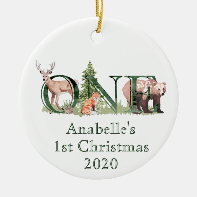 Adorno De Cerámica Un animal de Woodland primer Navidades personaliza (Frente)