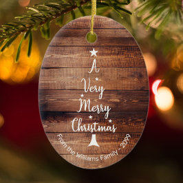 Adorno De Cerámica Un árbol de Navidad muy Feliz en madera rústica
