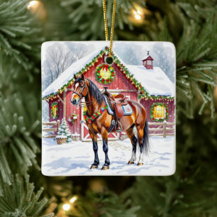 Adorno De Cerámica Un caballo marrón festivo y Navidades del granero