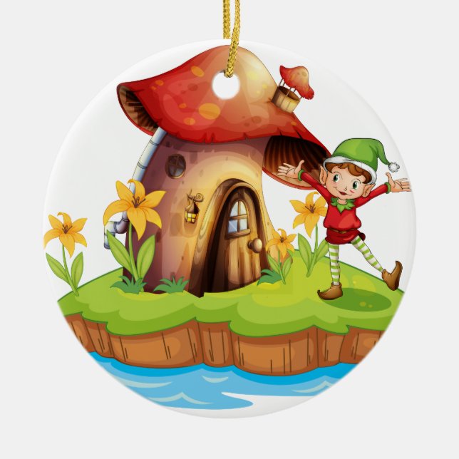 Adorno De Cerámica Un enano fuera de una casa de la seta (Frente)