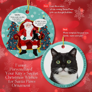 Adorno De Cerámica Un gato gracioso de Tuxedo visita Santa con un des