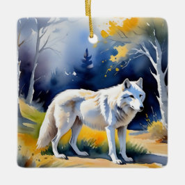 Adorno De Cerámica Un lobo en una pintura de la acuarela del bosque