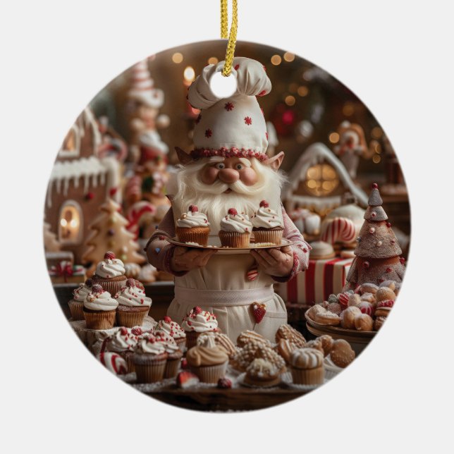 Adorno De Cerámica Un panadero de gnomo lindo rodeado de pasteles y d (Frente)
