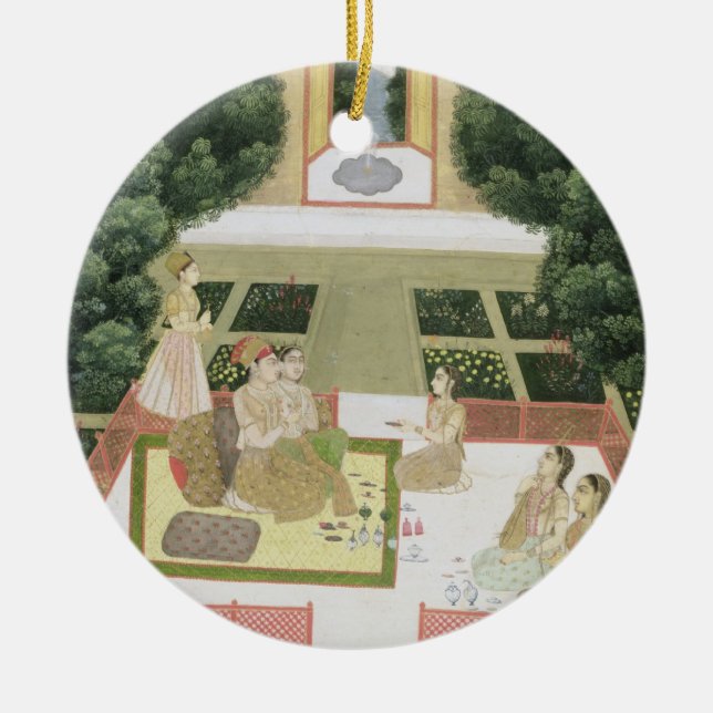 Adorno De Cerámica Un par en un jardín que escucha la música con (Frente)