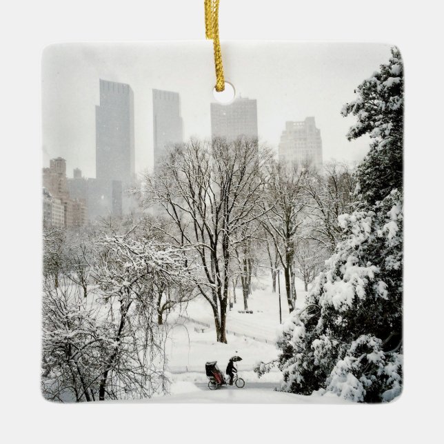 Adorno De Cerámica Un Pedicab en Central Park durante invierno (Anverso)