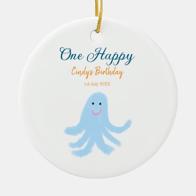 Adorno De Cerámica Un pulpo azul feliz bajo el cumpleaños del mar (Frente)