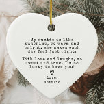 Adorno De Cerámica Un regalo de tía de sobrino Navidades de tía<br><div class="desc">Celebra el vínculo especial entre una tía y su sobrina o sobrino con el regalo de tía de sobrina sobrina Navidades de la tía cortita adorno cerámico. Este encantador ornamento cuenta con una máquina de escribir vintage, que le da un toque nostálgico y sincero a su regalo. Con forma de...</div>