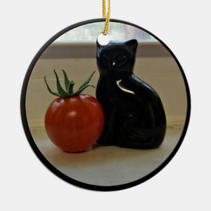 Adorno De Cerámica Un tomate y un gato negro
