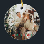 Adorno De Cerámica Una foto moderna merry y brillante color simple<br><div class="desc">Texto de personalizable y foto,  Diseño moderno simple de una foto con una tipografía colorida de colores "Merry y brillantes" en tonos rosa,  verde y rojo.</div>