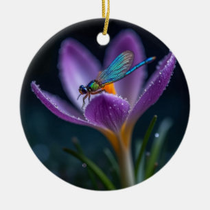 Adorno De Cerámica Una libélula en una flor de crocus