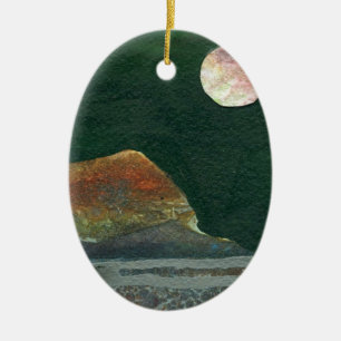 Adorno De Cerámica Una luna rosa y verde se eleva sobre un mundo alie