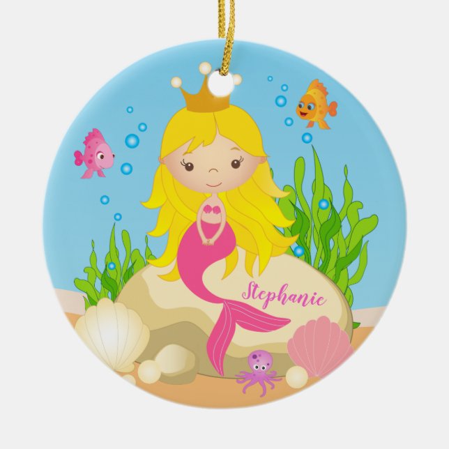 Adorno De Cerámica Under the Sea Cute Blonde Mermaid Custom Name (Frente)