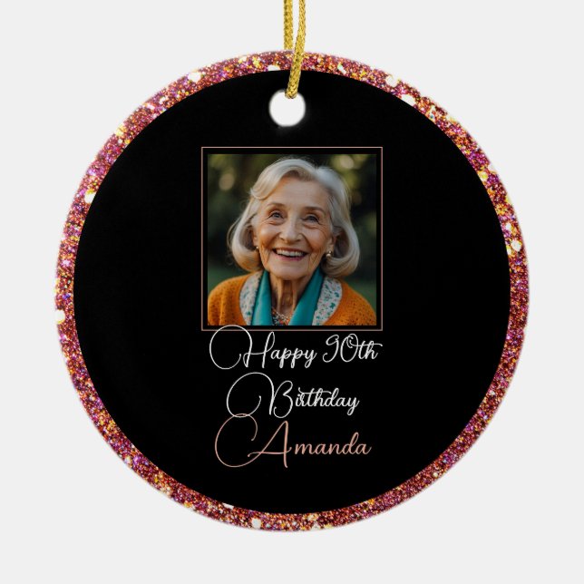 Adorno De Cerámica Único Purpurina floral 90º cumpleaños (Frente)