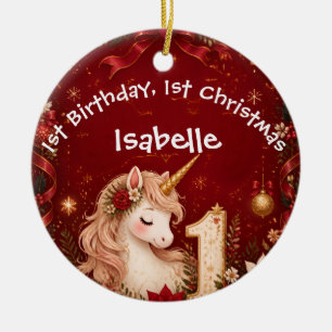 Adorno De Cerámica Unicornio Carmesí Floral Cumpleaños 1er Navidad