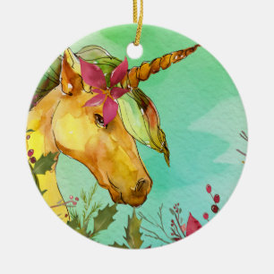 Adorno De Cerámica Unicornio de oro mágico de los Poinsettias rojos