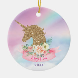 Adorno De Cerámica Unicornio de purpurina rosa y dorado personalizado
