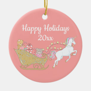 Adorno De Cerámica Unicornio Felices Fiestas Trineo de Santa Rosa