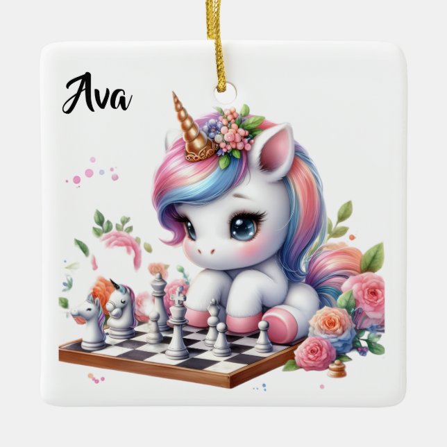 Adorno De Cerámica Unicornio lindo personalizado/Niño pequeño jugando (Anverso)