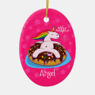 Adorno De Cerámica Unicornio Rosa de Navidad Personalizado