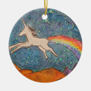 Adorno De Cerámica Unicornio tirando un arco iris al cielo