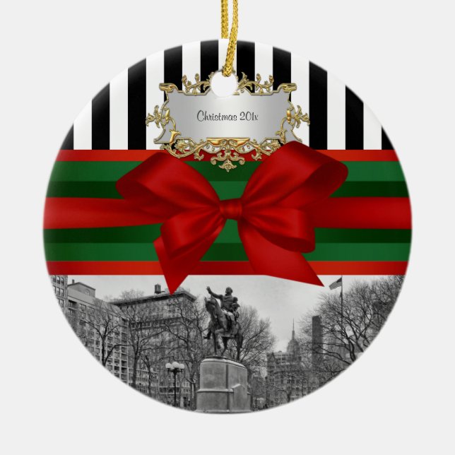 Adorno De Cerámica Union Square Park Winter NYC Blk Wht Strp Xmas #2R (Frente)