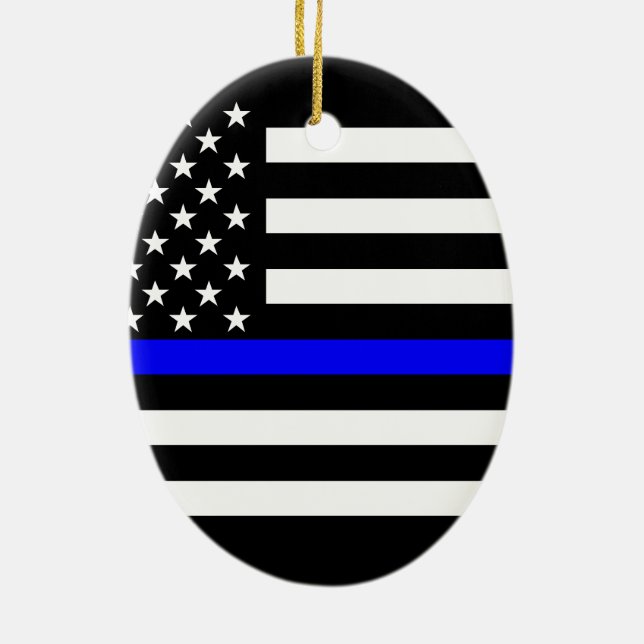 Adorno De Cerámica USA Flag Black and White Thin Blue Line (Atrás)