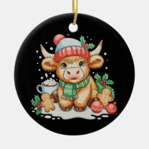 Adorno De Cerámica Vaca Alta Navidad Ternera Lindo Sombrero de Santa