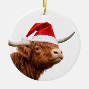 Adorno De Cerámica Vaca de las Tierras Altas Santa Sombrero Navideño