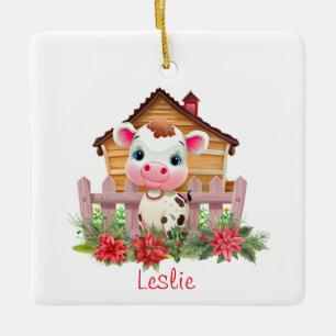 Adorno De Cerámica Vaca dulce con nombre personalizado de Navidades d