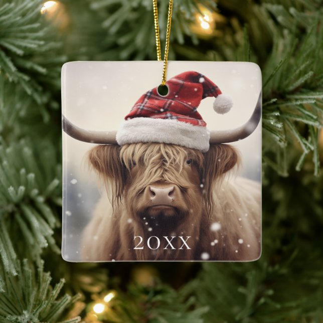 Adorno De Cerámica Vaca en Santa Hat feriado de Navidades personaliza (Árbol)