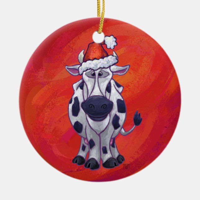 Adorno De Cerámica Vaca festiva en Santa Hat en rojo (Frente)